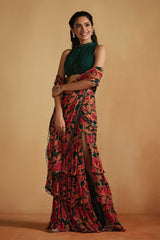 Green Printed Pre-Draped Saree