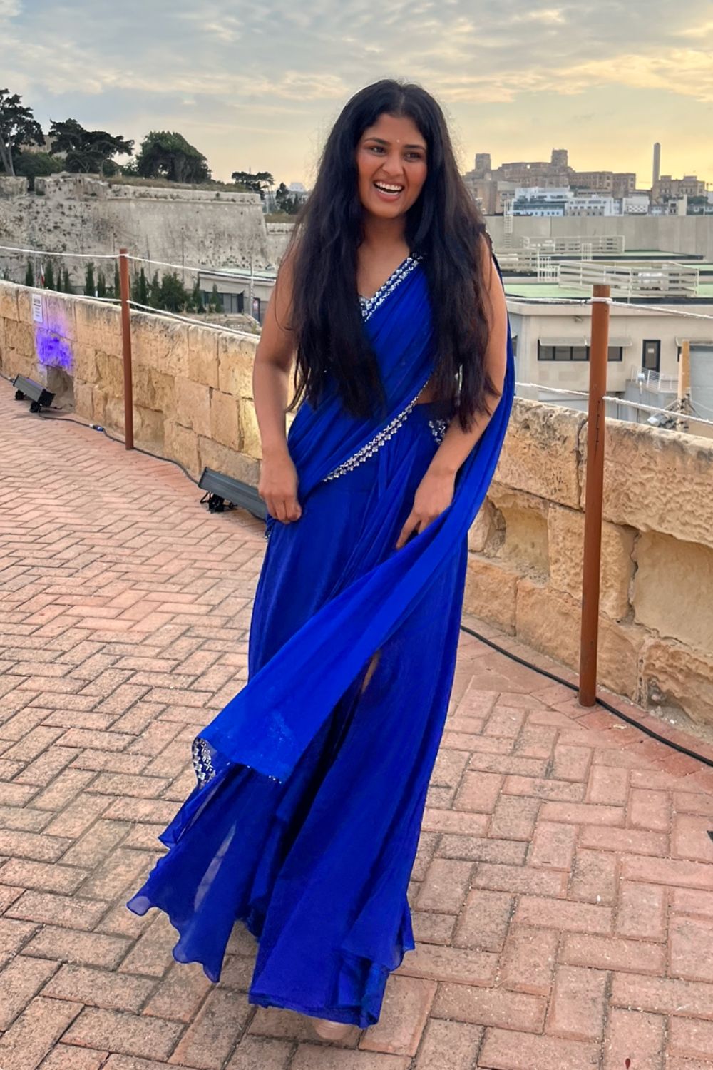 blue saree dress Midnight Blue Pre-Draped Slit Saree