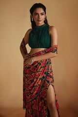 Green Printed Pre-Draped Saree