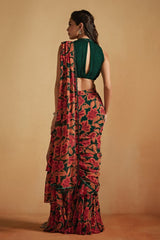 Green Printed Pre-Draped Saree