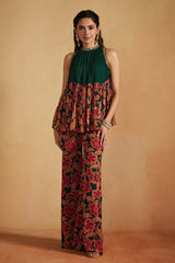 Green Floral Printed A-line Top and Pants Set