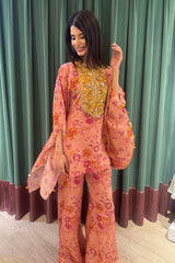 Pink Floral Print Kaftan and Pants Set