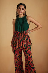 Green Floral Printed A-line Top and Pants Set