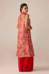 Red Printed Sequin Jacket With Crop Top and Pants Set