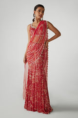 Red Printed Sequin Pre-draped Saree