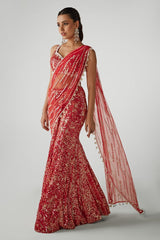 Red Printed Sequin Pre-draped Saree