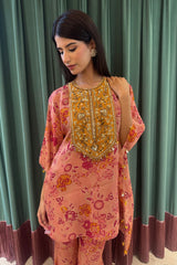 Pink Floral Print Kaftan and Pants Set