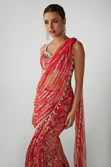 Red Printed Sequin Pre-draped Saree