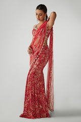 Red Printed Sequin Pre-draped Saree