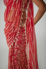 Red Printed Sequin Pre-draped Saree