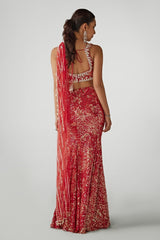 Red Printed Sequin Pre-draped Saree