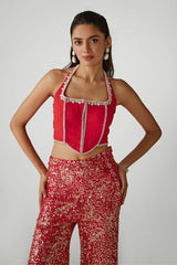 Red Corset With Printed Sequin Pants