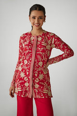 Red Aari Work Jacket and Pants Set