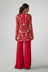 Red Aari Work Jacket and Pants Set