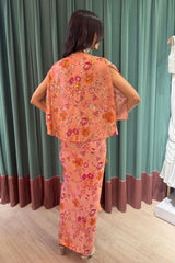 Pink Floral Printed Cape & Wrap Skirt Set