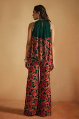 Green Floral Printed A-line Top and Pants Set