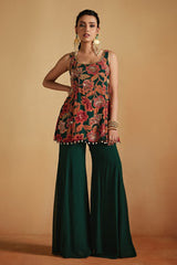 Green Floral Printed Gathered Top and Pants Set