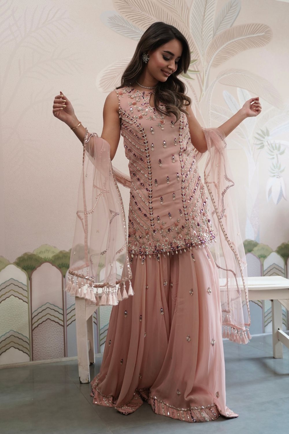 Buy Dusty Pink Sharara and Kurta Set by Designer Sanya Gulati Buy Dusty Pink Sharara and Kurta Set by Designer Sanya Gulati