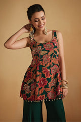 Green Floral Printed Gathered Top and Pants Set