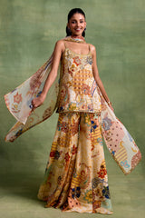 Ivory Boho Print Embroidered Kurta-Sharara Set