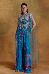 Teal Floral Print Bustier, Sharara and Cape Set