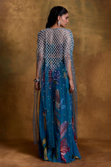Teal Floral Print Bustier, Sharara and Cape Set