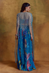 Teal Floral Print Bustier, Sharara and Cape Set