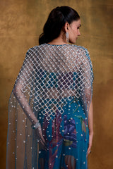 Teal Floral Print Bustier, Sharara and Cape Set
