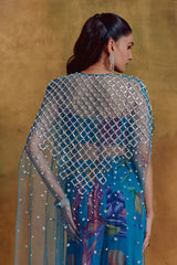 Teal Floral Print Bustier, Sharara and Cape Set