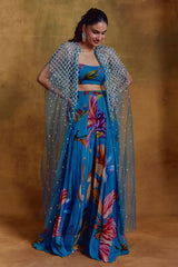 Teal Floral Print Bustier, Sharara and Cape Set