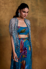 Teal Floral Print Bustier, Sharara and Cape Set