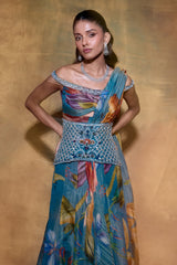 Teal Floral Print Sari with Corset