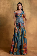 Teal Floral Print Sari with Corset