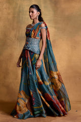 Teal Floral Print Sari with Corset