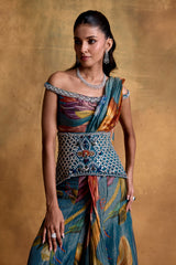 Teal Floral Print Sari with Corset