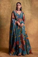 Teal Floral Print Anarkali Set