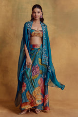 Teal Floral Print Draped Skirt and Cape Set