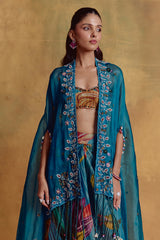 Teal Floral Print Draped Skirt and Cape Set