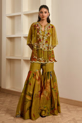 Olive Green Floral Printed Cape and Sharara Set