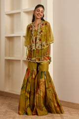 Olive Green Floral Printed Cape and Sharara Set