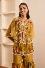 Olive Green Floral Printed Cape and Sharara Set