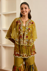 Olive Green Floral Printed Cape and Sharara Set