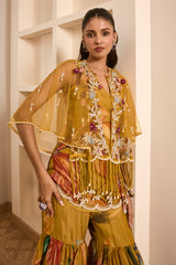 Olive Green Floral Printed Cape and Sharara Set