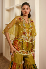Olive Green Floral Printed Cape and Sharara Set