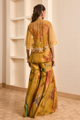 Olive Green Floral Printed Cape and Sharara Set