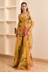 Olive Green Floral Print Kurta-Sharara Set