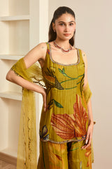 Olive Green Floral Print Kurta-Sharara Set