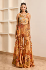 Rust Boho Print Tasseled Peplum and Sharara Set