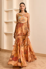 Rust Boho Print Tasseled Peplum and Sharara Set