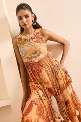 Rust Boho Print Tasseled Peplum and Sharara Set